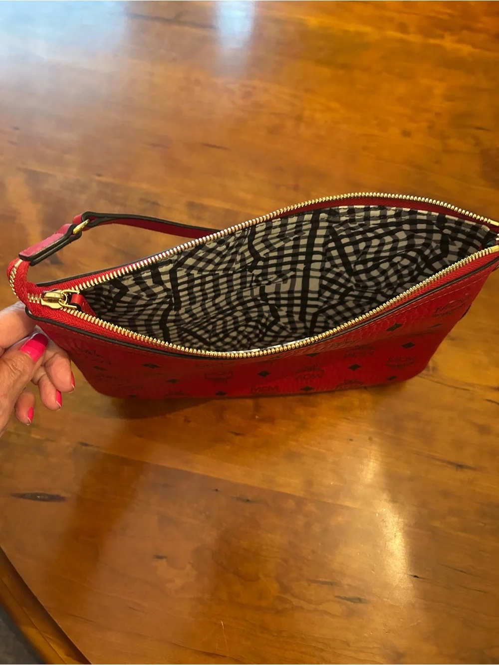 MCM Red Leather Monogram Shoulder Pouch
